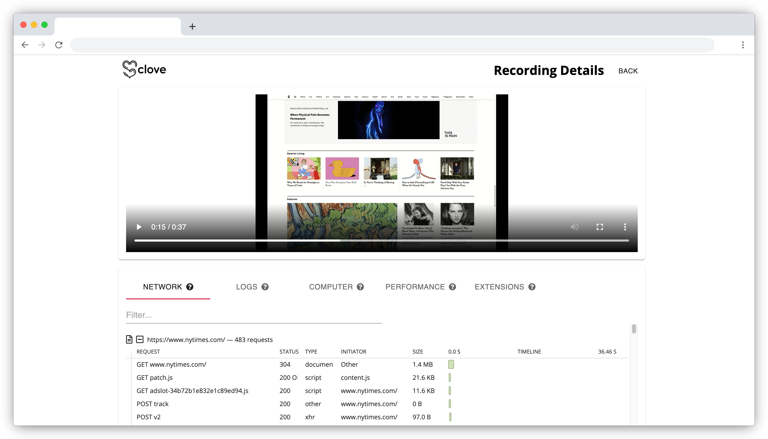 Clove's interface displaying a screen recording and network panel